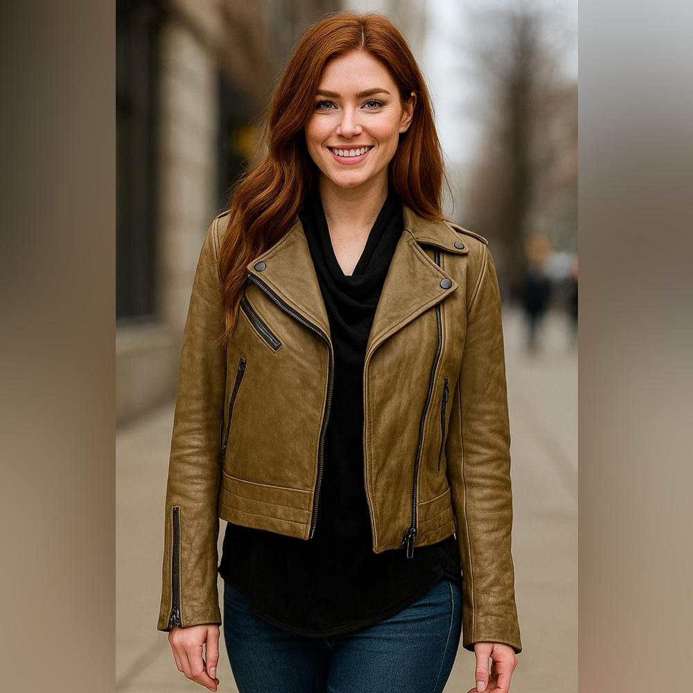 RAG AND BONE Brown Lamb Skin Leather Moto Jacket Women’s